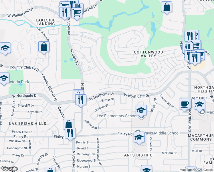 map of restaurants, bars, coffee shops, grocery stores, and more near 4000 East Hill Drive in Irving