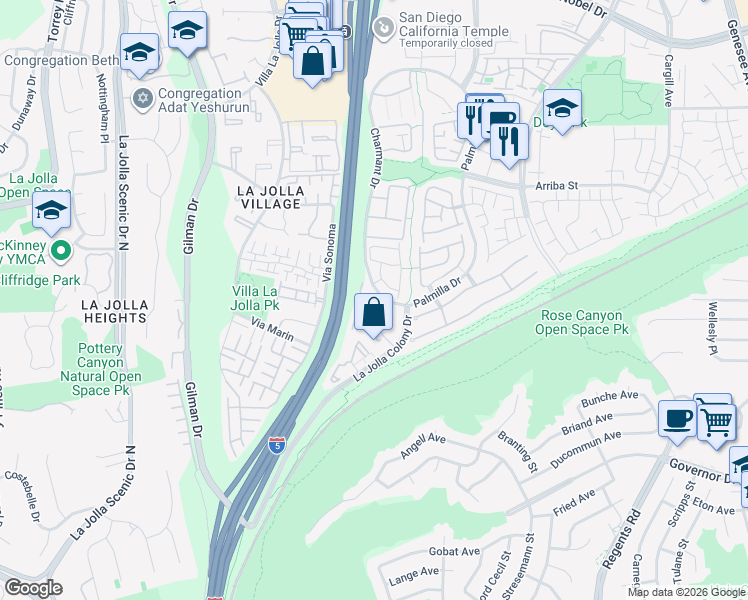 map of restaurants, bars, coffee shops, grocery stores, and more near 4030 Charmant Drive in San Diego