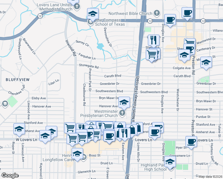 map of restaurants, bars, coffee shops, grocery stores, and more near 5635 Southwestern Boulevard in Dallas