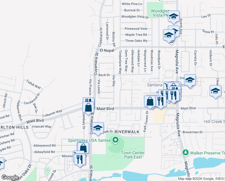map of restaurants, bars, coffee shops, grocery stores, and more near 9956 Via Debbie in Santee