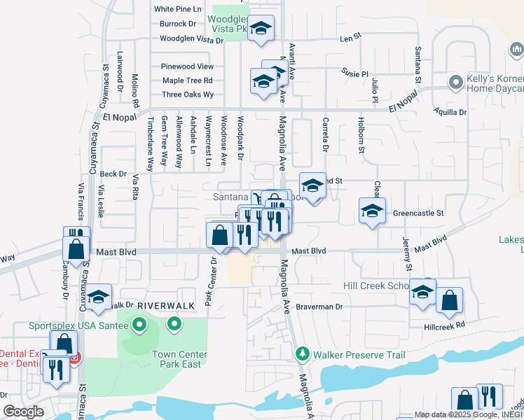 map of restaurants, bars, coffee shops, grocery stores, and more near 9906 Magnolia Avenue in Santee
