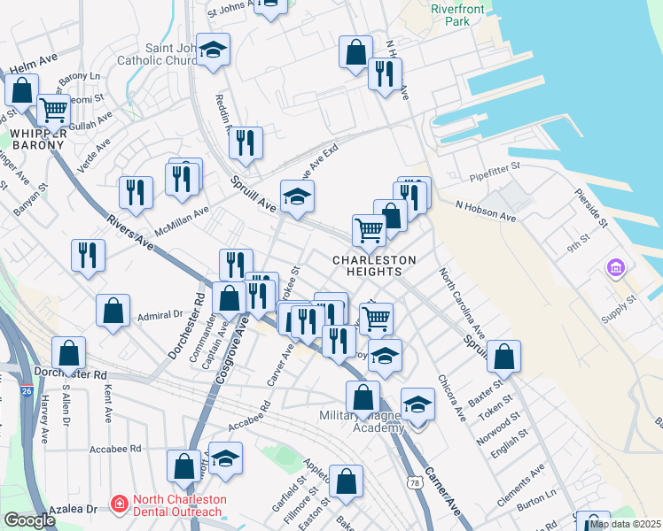 map of restaurants, bars, coffee shops, grocery stores, and more near 3317 Florida Avenue in North Charleston