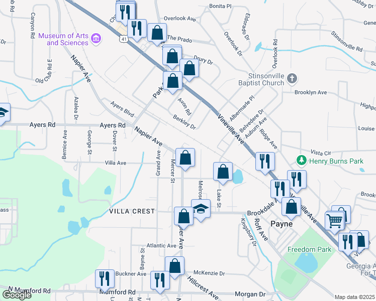map of restaurants, bars, coffee shops, grocery stores, and more near 4033 North Napier Avenue in Macon