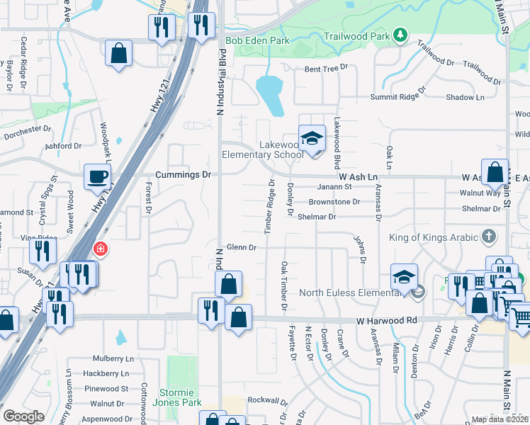 map of restaurants, bars, coffee shops, grocery stores, and more near 1500 Timber Ridge Drive in Euless
