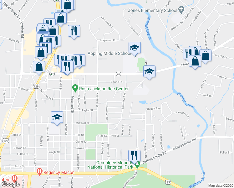 map of restaurants, bars, coffee shops, grocery stores, and more near 1235 Dennis Court in Macon
