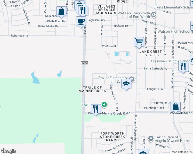 map of restaurants, bars, coffee shops, grocery stores, and more near 6344 Mystic Falls Drive in Fort Worth