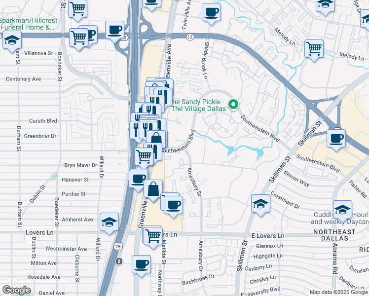 map of restaurants, bars, coffee shops, grocery stores, and more near 8200 Southwestern Boulevard in Dallas