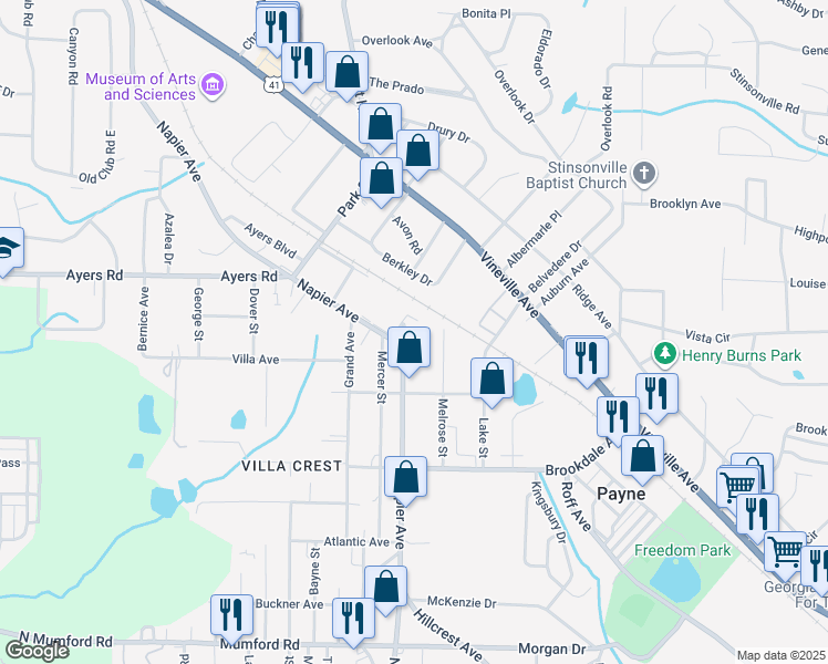 map of restaurants, bars, coffee shops, grocery stores, and more near 4033 North Napier Avenue in Macon