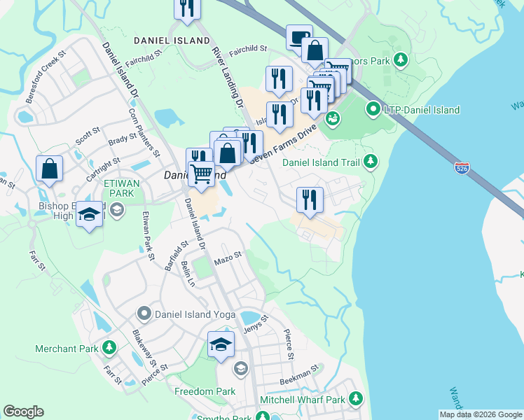 map of restaurants, bars, coffee shops, grocery stores, and more near 145 Pier View Street in Charleston