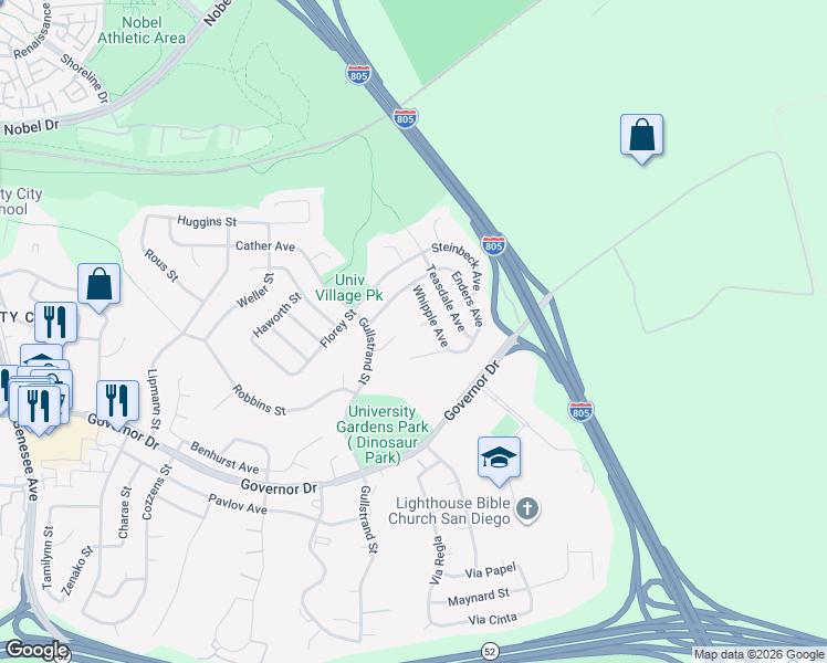map of restaurants, bars, coffee shops, grocery stores, and more near 4950 Whipple Way in San Diego