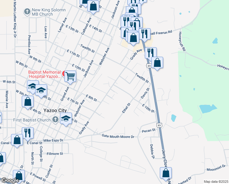 map of restaurants, bars, coffee shops, grocery stores, and more near 999 Bailey Lane in Yazoo City