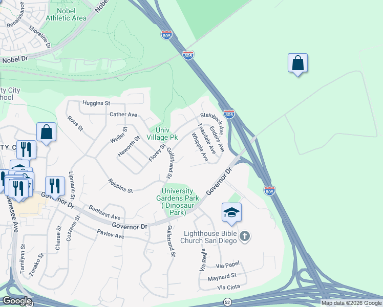 map of restaurants, bars, coffee shops, grocery stores, and more near 4950 Whipple Way in San Diego