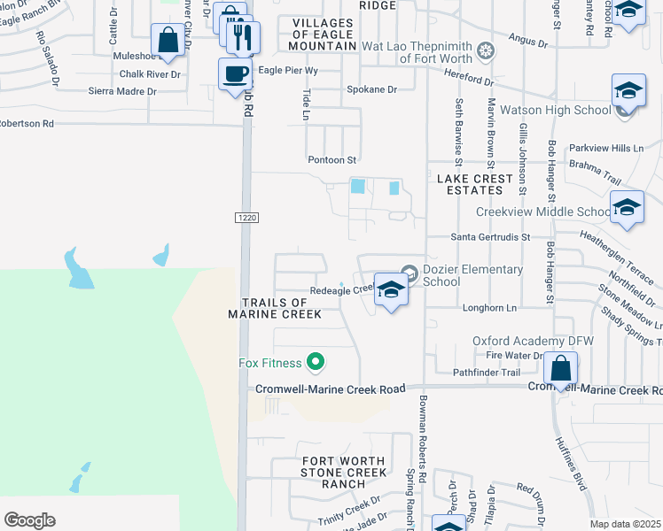 map of restaurants, bars, coffee shops, grocery stores, and more near 6208 Eagles Rest Drive in Fort Worth