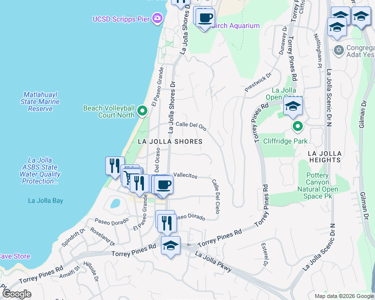 map of restaurants, bars, coffee shops, grocery stores, and more near 2355 Calle De La Garza in San Diego