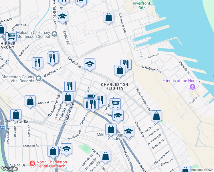 map of restaurants, bars, coffee shops, grocery stores, and more near 1912 Ubank Street in North Charleston