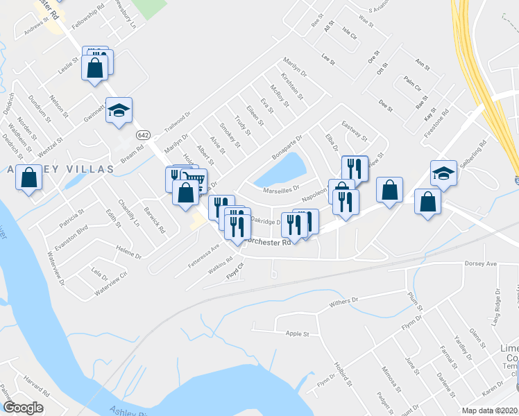 map of restaurants, bars, coffee shops, grocery stores, and more near 5209b Napoleon Drive in North Charleston