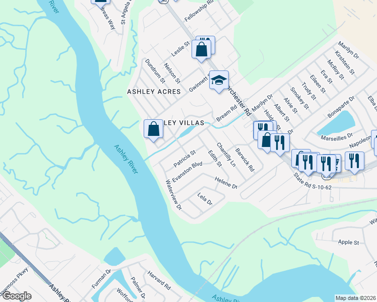 map of restaurants, bars, coffee shops, grocery stores, and more near 4335 Bream Road in North Charleston