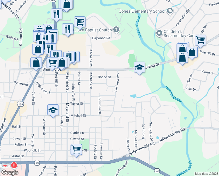 map of restaurants, bars, coffee shops, grocery stores, and more near 1235 Dennis Court in Macon