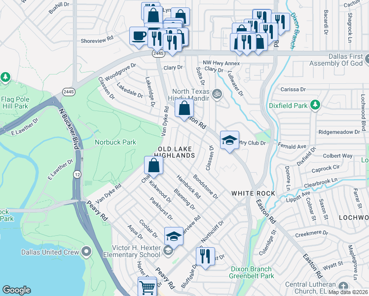 map of restaurants, bars, coffee shops, grocery stores, and more near 10202 Solta Drive in Dallas