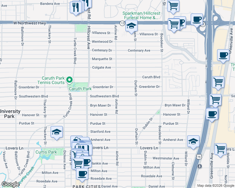 map of restaurants, bars, coffee shops, grocery stores, and more near 3140 Southwestern Boulevard in Dallas