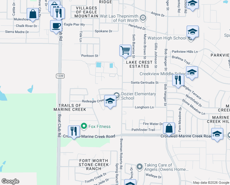 map of restaurants, bars, coffee shops, grocery stores, and more near 6233 Thunderwing Drive in Fort Worth