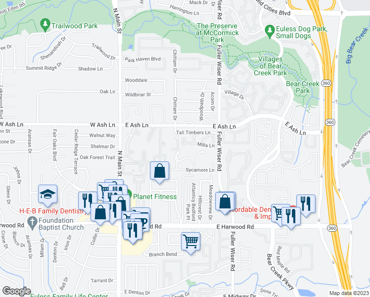 map of restaurants, bars, coffee shops, grocery stores, and more near 410 Milla Lane in Euless