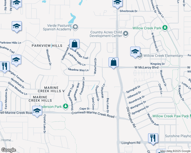 map of restaurants, bars, coffee shops, grocery stores, and more near 4841 Waterford Drive in Fort Worth