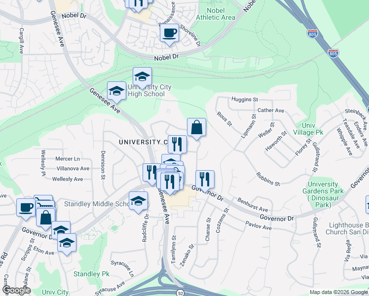 map of restaurants, bars, coffee shops, grocery stores, and more near 4096 Calgary Avenue in San Diego