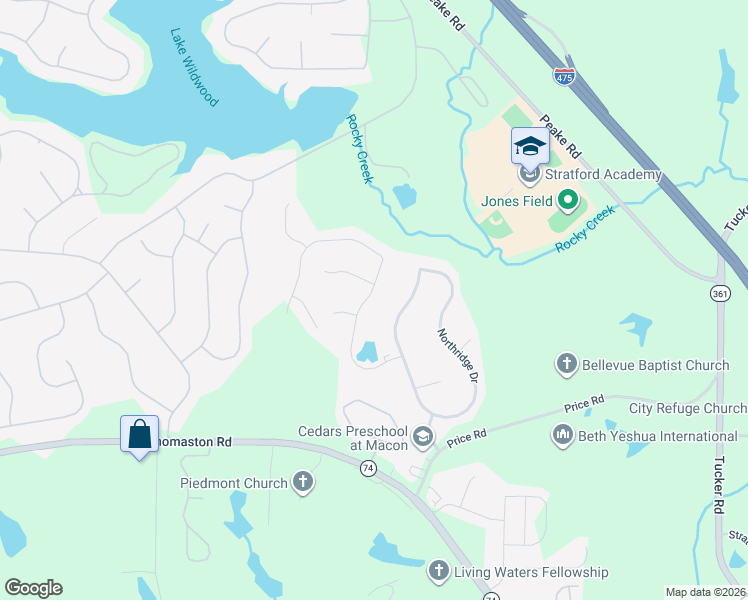 map of restaurants, bars, coffee shops, grocery stores, and more near 159 Ashton Drive in Macon
