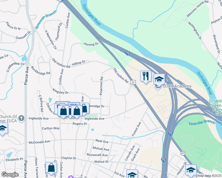 map of restaurants, bars, coffee shops, grocery stores, and more near 2162 General Winship Drive in Macon