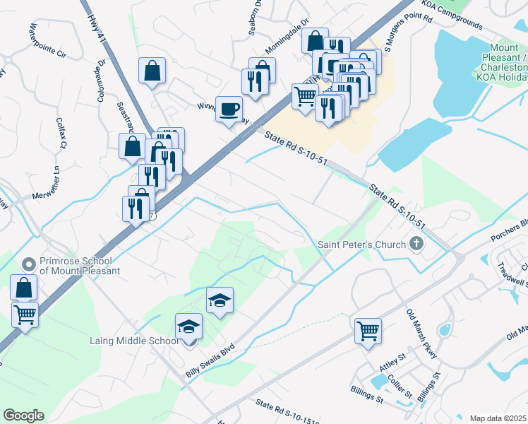 map of restaurants, bars, coffee shops, grocery stores, and more near 1162 Dingle Road in Mount Pleasant
