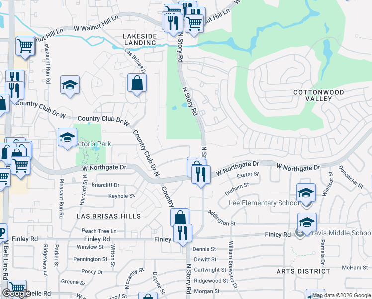 map of restaurants, bars, coffee shops, grocery stores, and more near 2300 Kings Country Drive in Irving