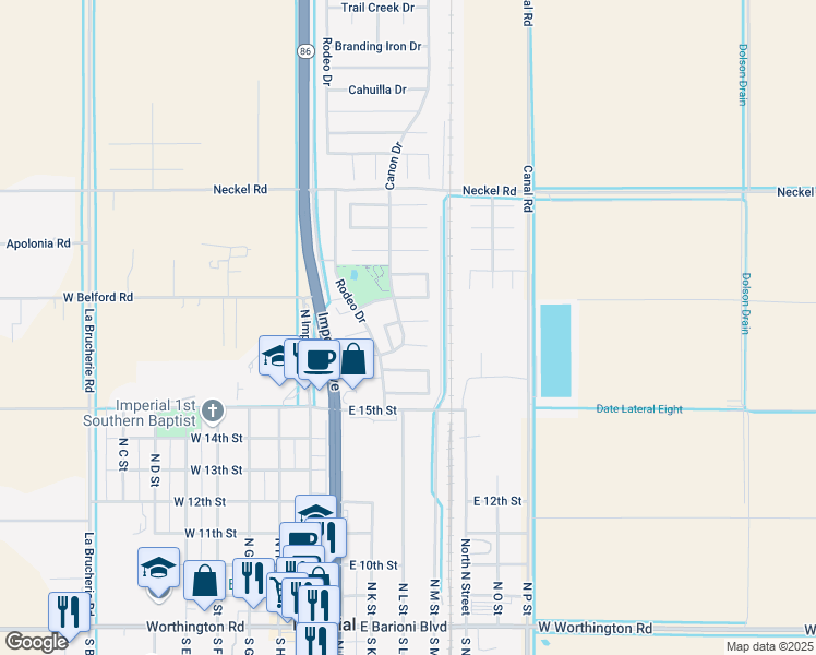 map of restaurants, bars, coffee shops, grocery stores, and more near 410 Roadrunner Ln in Imperial