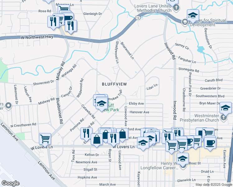map of restaurants, bars, coffee shops, grocery stores, and more near 4619 Cherokee Trail in Dallas
