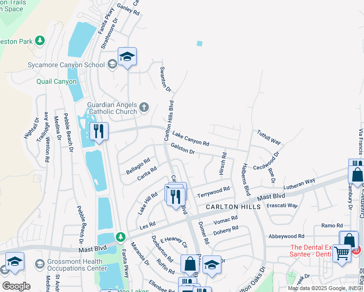 map of restaurants, bars, coffee shops, grocery stores, and more near 9430 Galston Drive in Santee