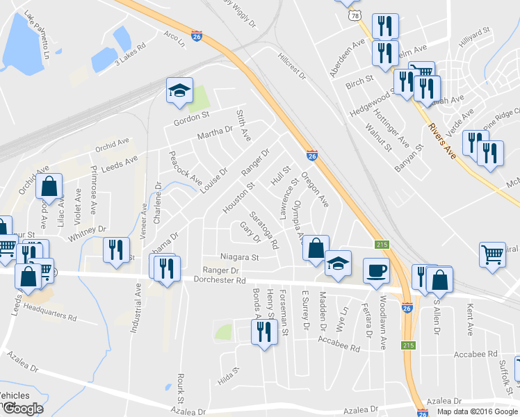 map of restaurants, bars, coffee shops, grocery stores, and more near 2735 Constitution Avenue in North Charleston