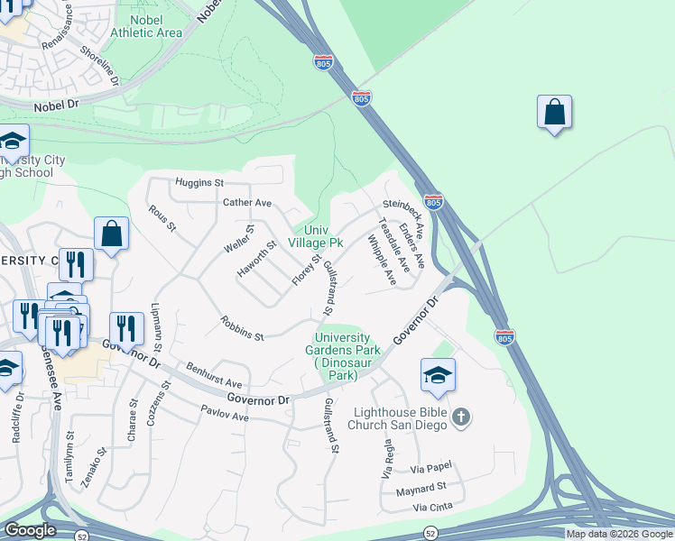 map of restaurants, bars, coffee shops, grocery stores, and more near 7103 Werner Street in San Diego