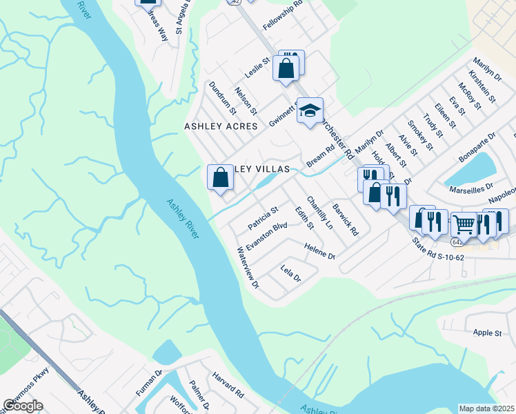 map of restaurants, bars, coffee shops, grocery stores, and more near 4335 Bream Road in North Charleston