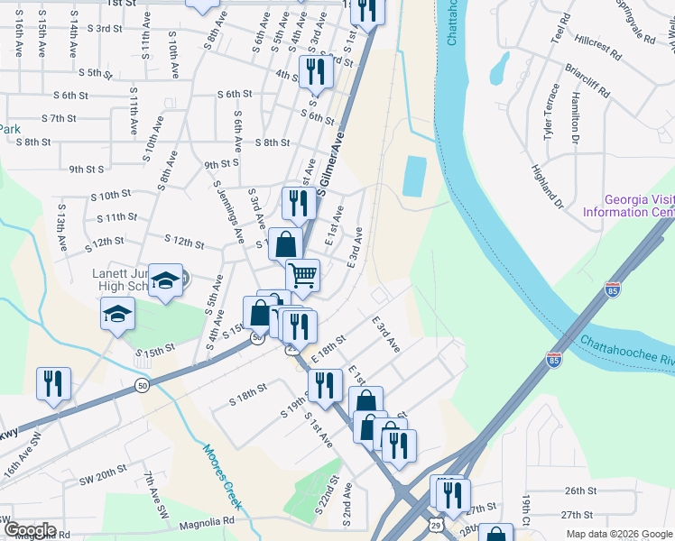 map of restaurants, bars, coffee shops, grocery stores, and more near 206 Southeast 12th Street in Lanett