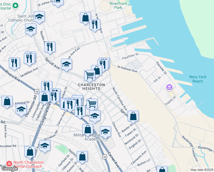 map of restaurants, bars, coffee shops, grocery stores, and more near 3231 North Carolina Avenue in North Charleston