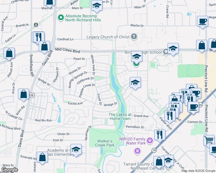 map of restaurants, bars, coffee shops, grocery stores, and more near 6109 Lake Way in North Richland Hills