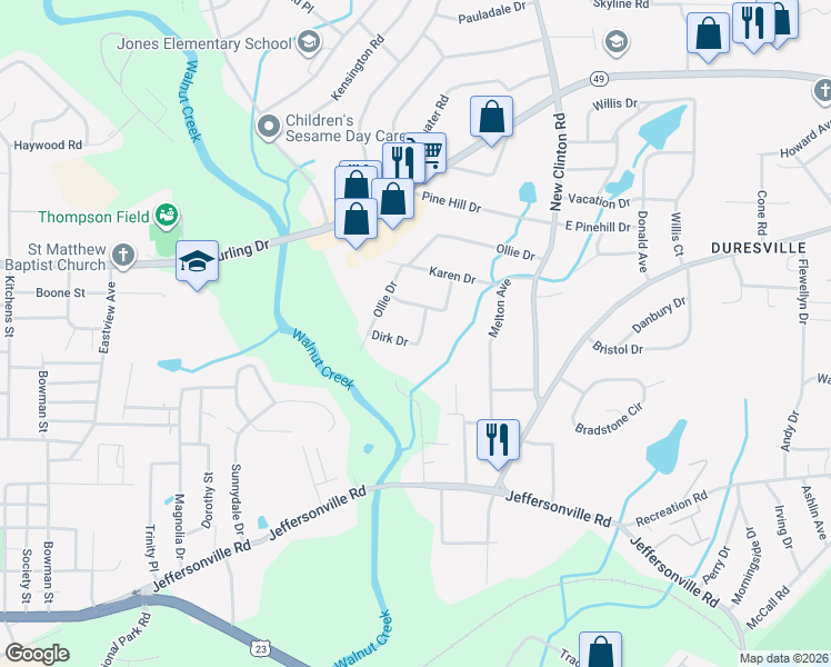 map of restaurants, bars, coffee shops, grocery stores, and more near 1950 Dirk Drive in Macon