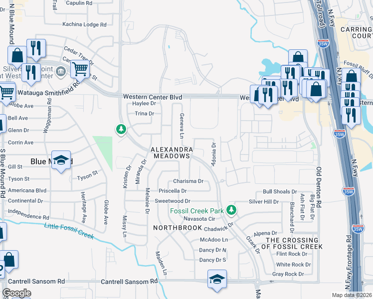 map of restaurants, bars, coffee shops, grocery stores, and more near 6313 Geneva Lane in Fort Worth