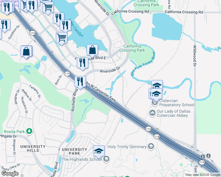 map of restaurants, bars, coffee shops, grocery stores, and more near 617 East John Carpenter Freeway in Irving