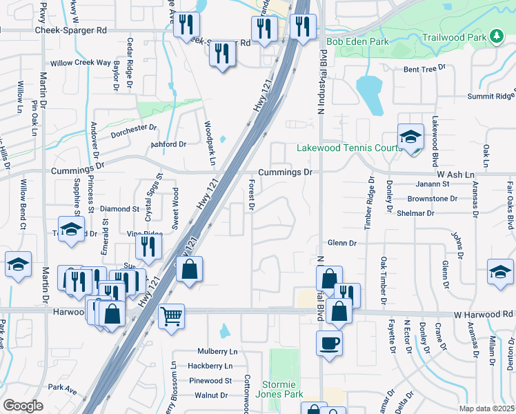 map of restaurants, bars, coffee shops, grocery stores, and more near 3548 Paint Brush Lane in Bedford