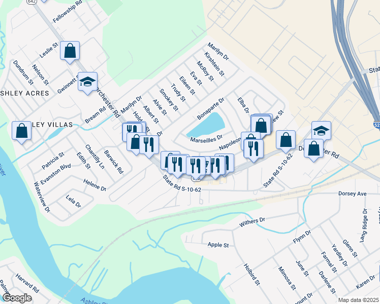 map of restaurants, bars, coffee shops, grocery stores, and more near 5209b Napoleon Drive in North Charleston