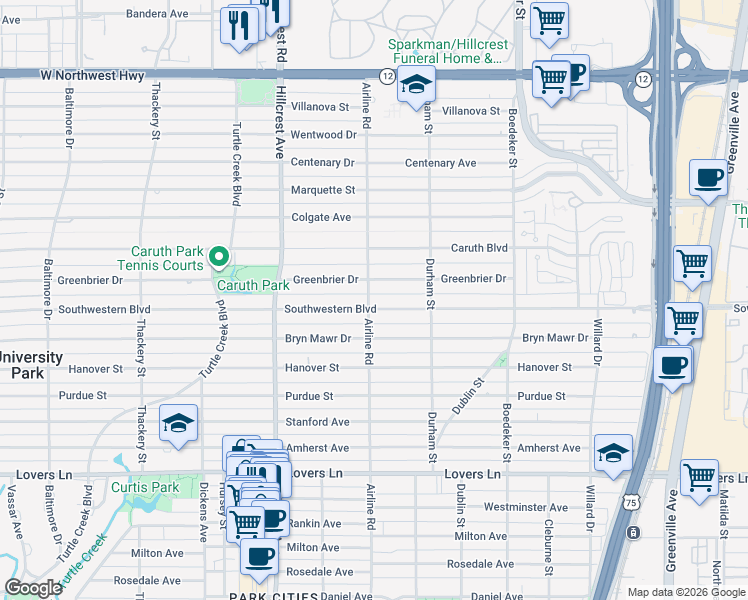 map of restaurants, bars, coffee shops, grocery stores, and more near 3140 Southwestern Boulevard in Dallas