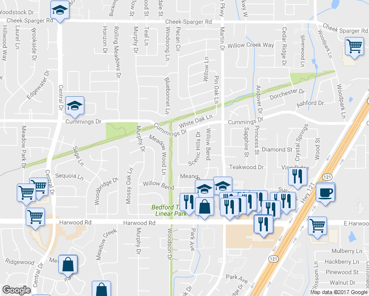 map of restaurants, bars, coffee shops, grocery stores, and more near 3213 Hickory Court in Bedford