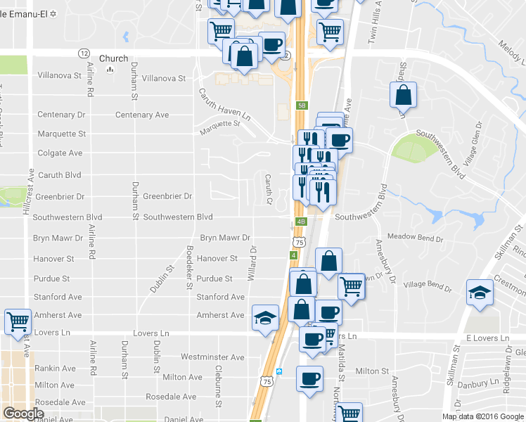 map of restaurants, bars, coffee shops, grocery stores, and more near 7983 Caruth Court in Dallas