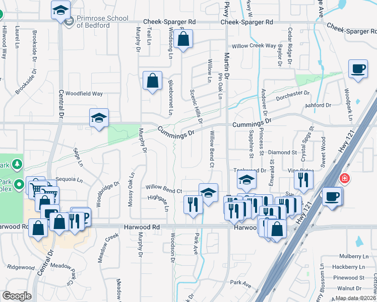 map of restaurants, bars, coffee shops, grocery stores, and more near 3213 Hickory Court in Bedford